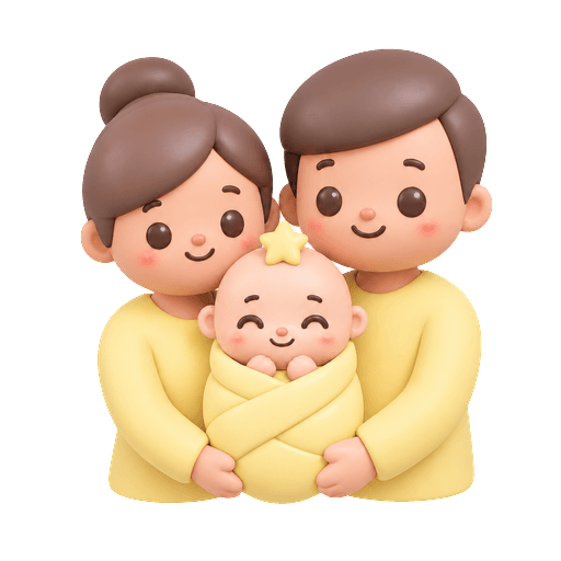 Two clay-style parents holding their sleeping baby