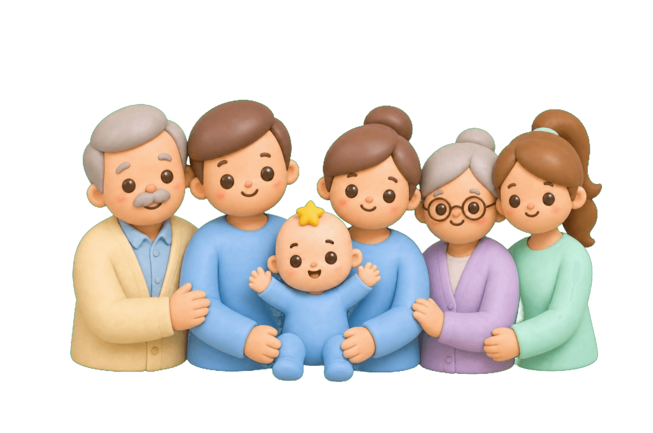 Le bébé en pâte à modeler au milieu de sa famille : grands-parents, parents et baby-sitter côte à côte